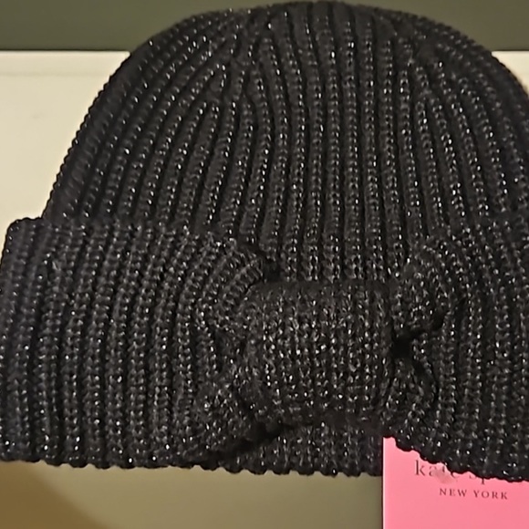 Kate Spade Black Metallic Bow Beanie Winter Hat NWT 💞HOST PICK 💞 - Picture 2 of 3